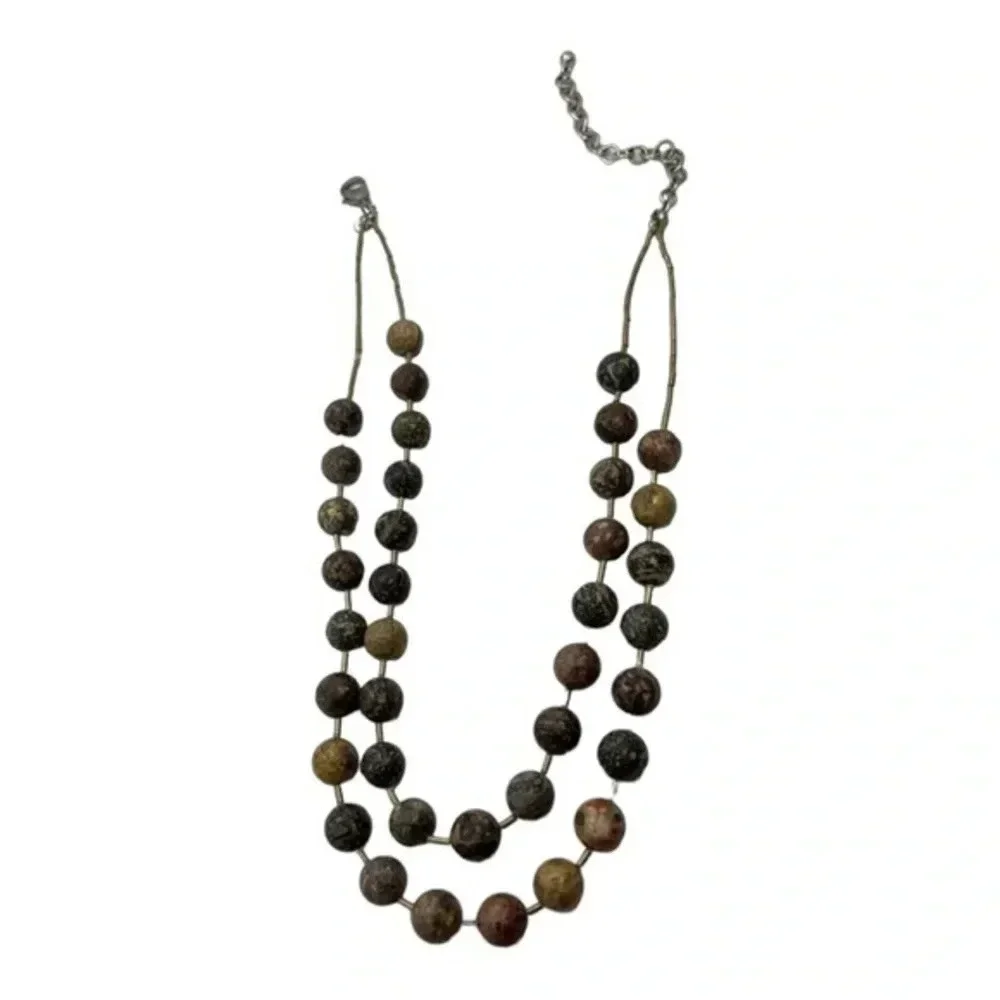 Chicos Double String Fashion Beaded Earthtones Necklace‎ Extender Chain Clasp​​​